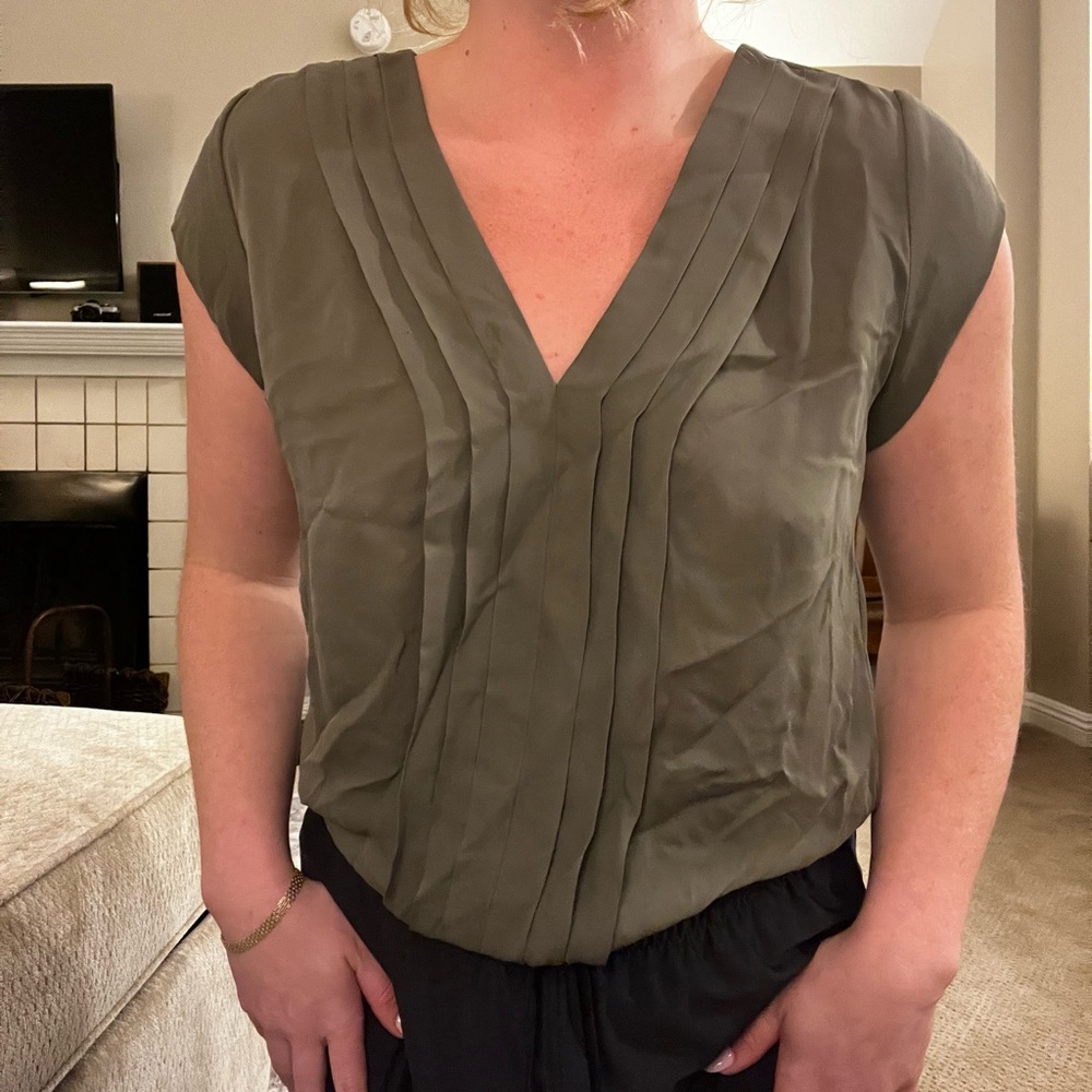 Joie Olive Pleated V-Neck Blouse